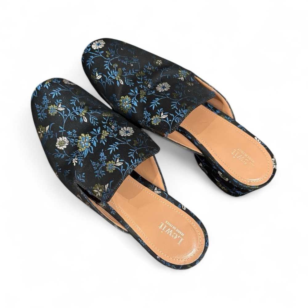 Lewit Floral Embroidered Brocade Women's Mules‎ Black Blue Slip On Sz 36.5 (6)